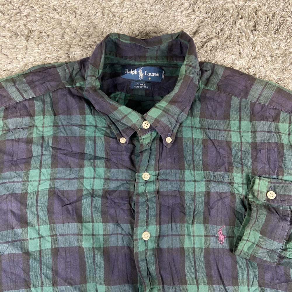 Ralph Lauren Blake Men XL Green Black Plaid Long Sleeve Button Down Shirt Cotton
